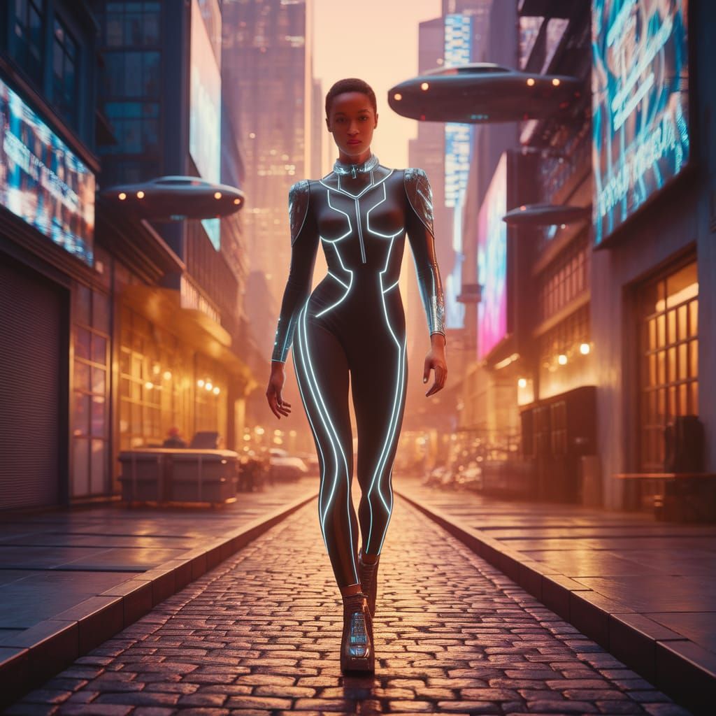 Futuristic Model Shimmers in Golden Hour Cityscape