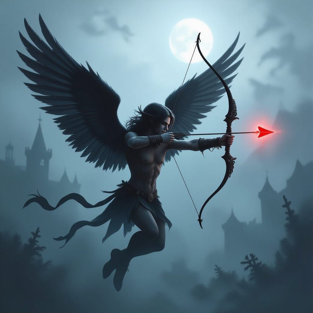 Eerie Black-Winged Cupid Shoots Shadow Arrows in Horror Fant...