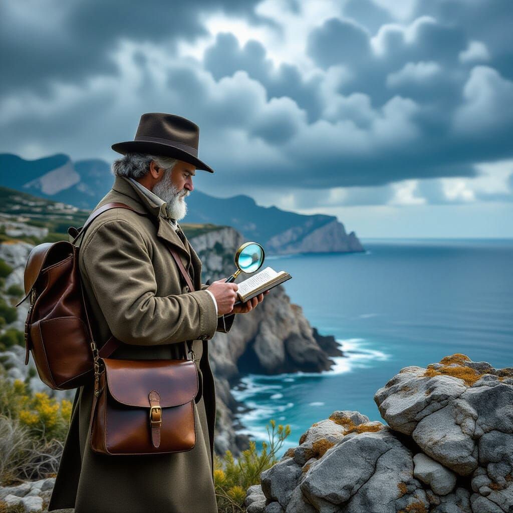 Geologist on Cliff Overlooking Mediterranean Sea