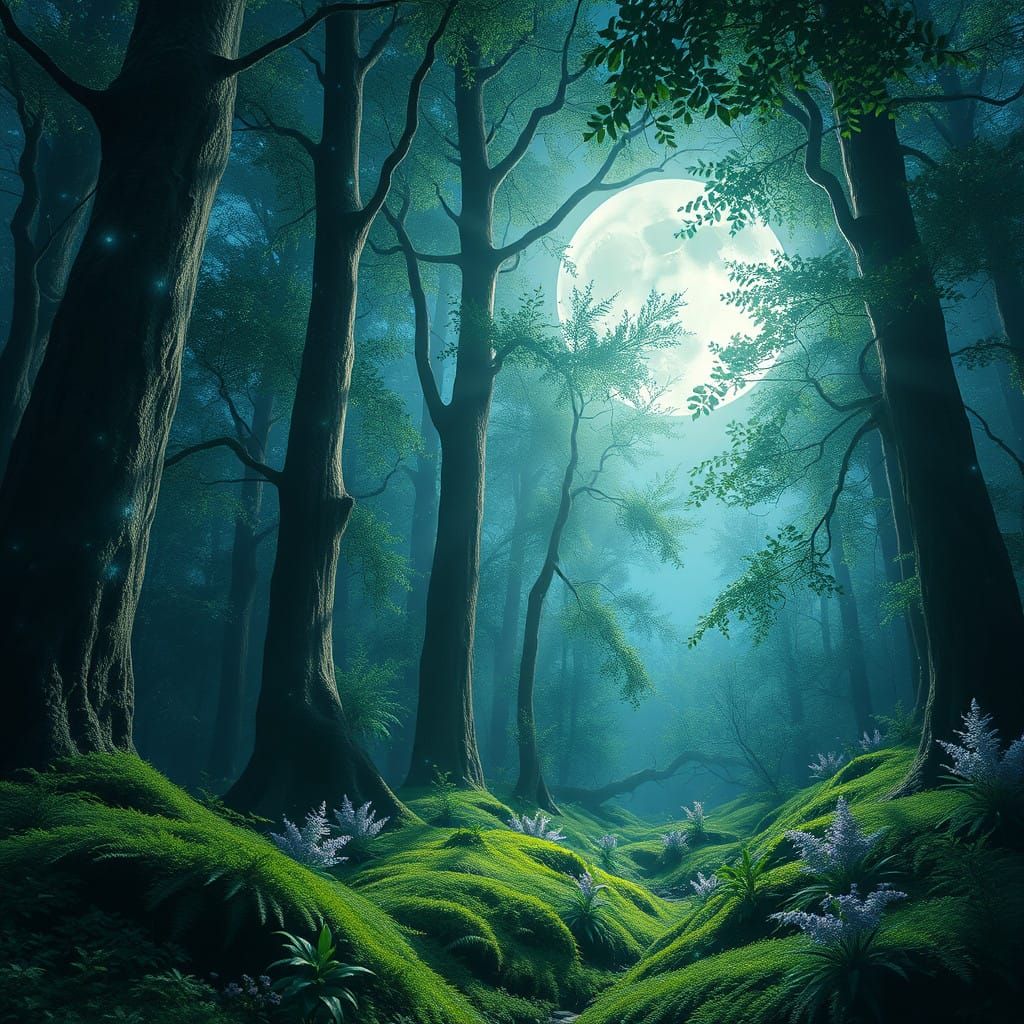 Mystical Moonlit Forest in Vibrant, Dreamlike Details