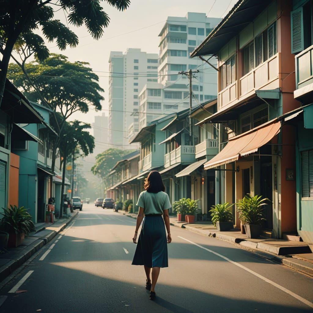 Woman Walking Along Jalan Somapah Road in 1970s Singapore