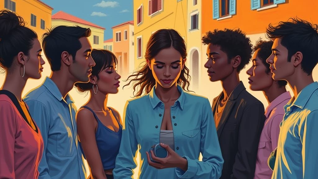 People Conversing in Vibrant City Square, Pop Art Style