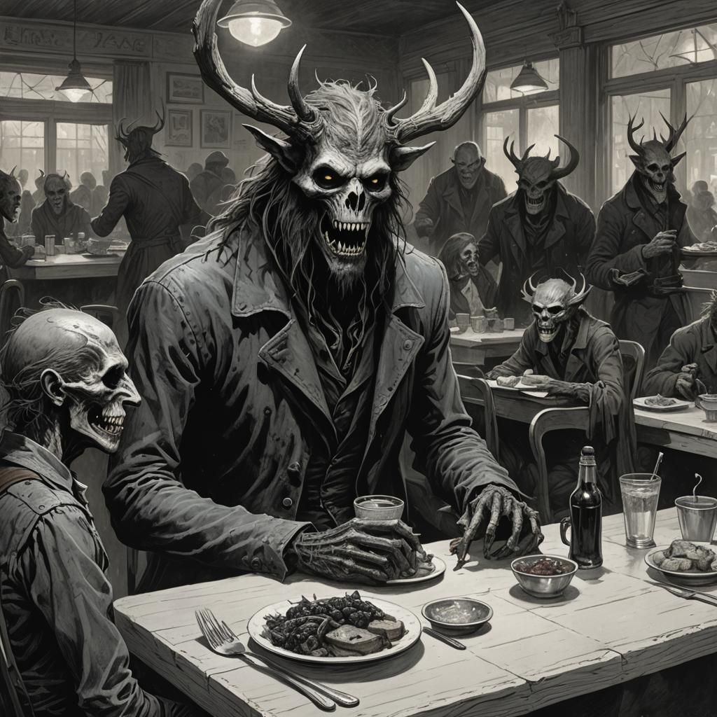 Wendigo Lunch at a Diner, Horror Illustration