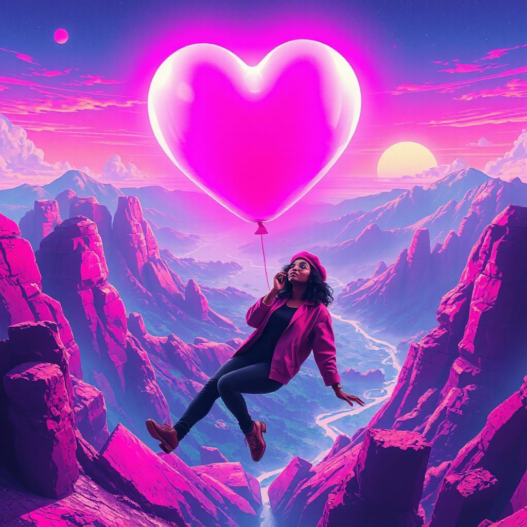 Synthwave Dream: Woman Floats with Heart Balloon