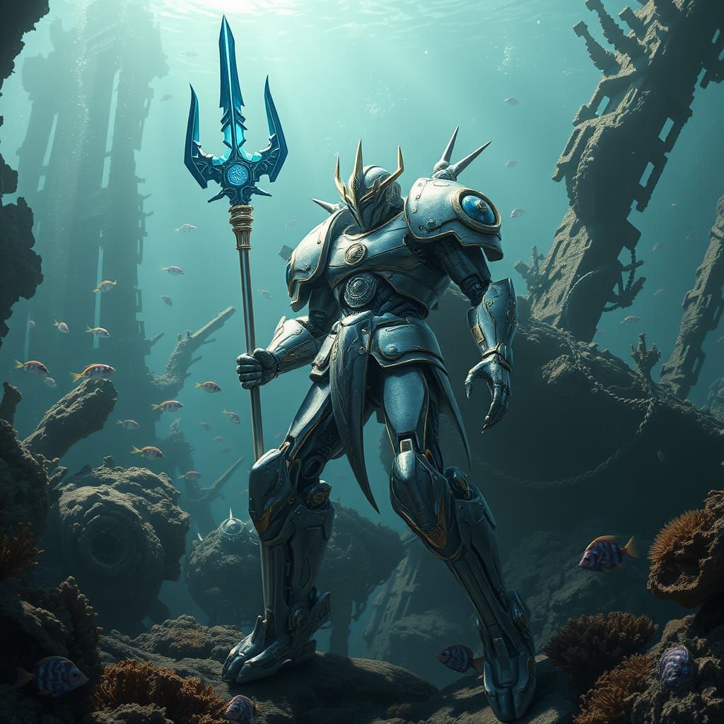 Cyberpunk-Style Aquatic Mech Knight in Underwater Shipwreck