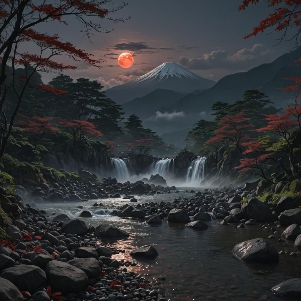 Hyperrealistic Mt. Fuji Landscape with Red Moon