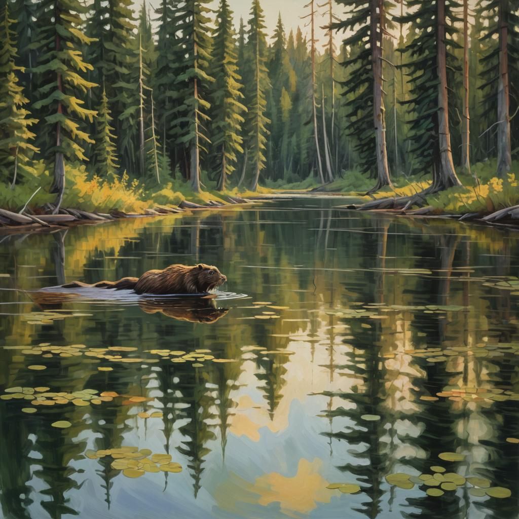 Beaver in Boreal Forest: Impressionist Oil Painting