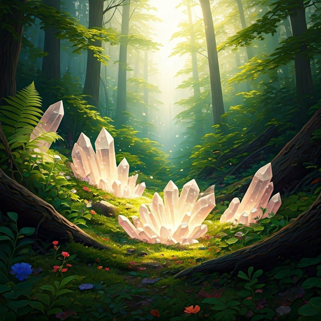 Crystals Radiating Ethereal Glow in Mystical Forest