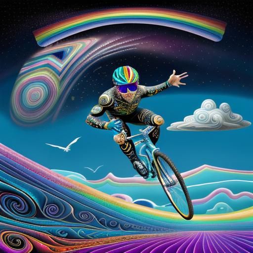 Boy on Bicycle in Surreal Cosmic Sky