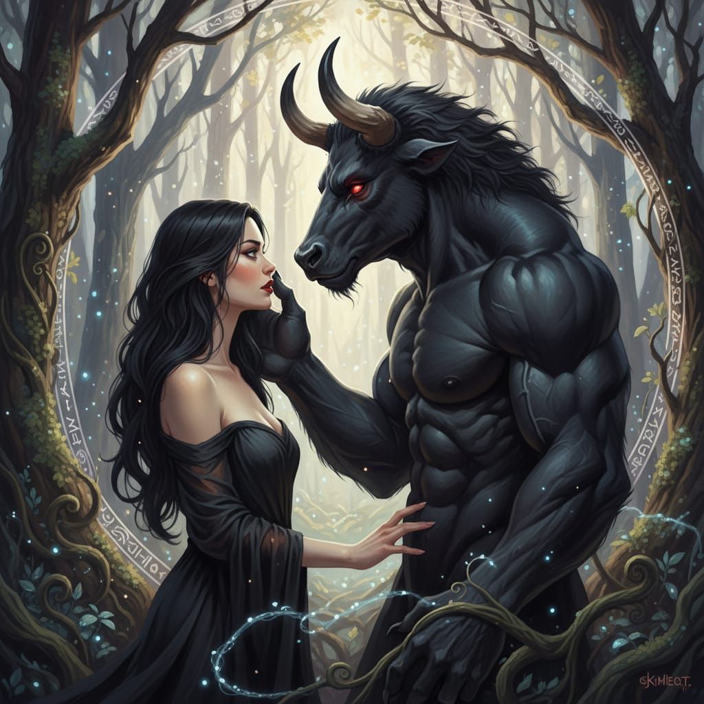 Forbidden Love: Minotaur and Woman in Forest