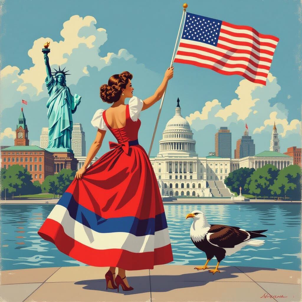 Patriotic Woman, Eagle, and Cityscape in Rockwell Style