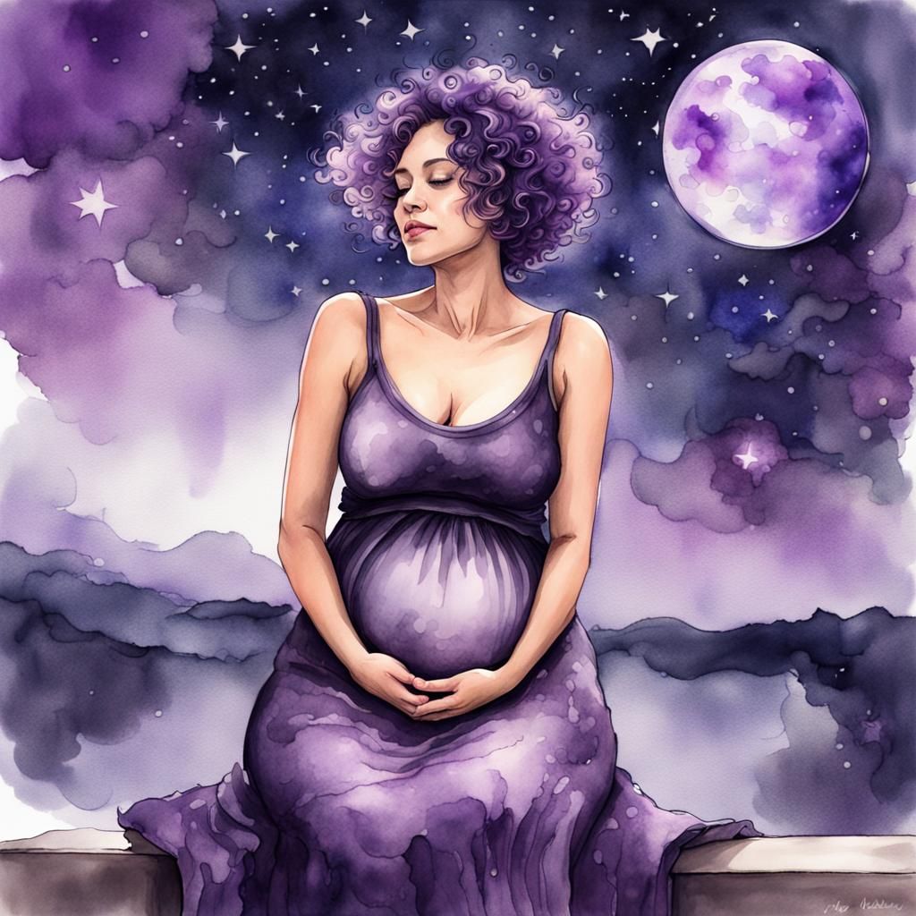 Pregnant Woman Stargazing: Inkwash Portrait with Galaxy View