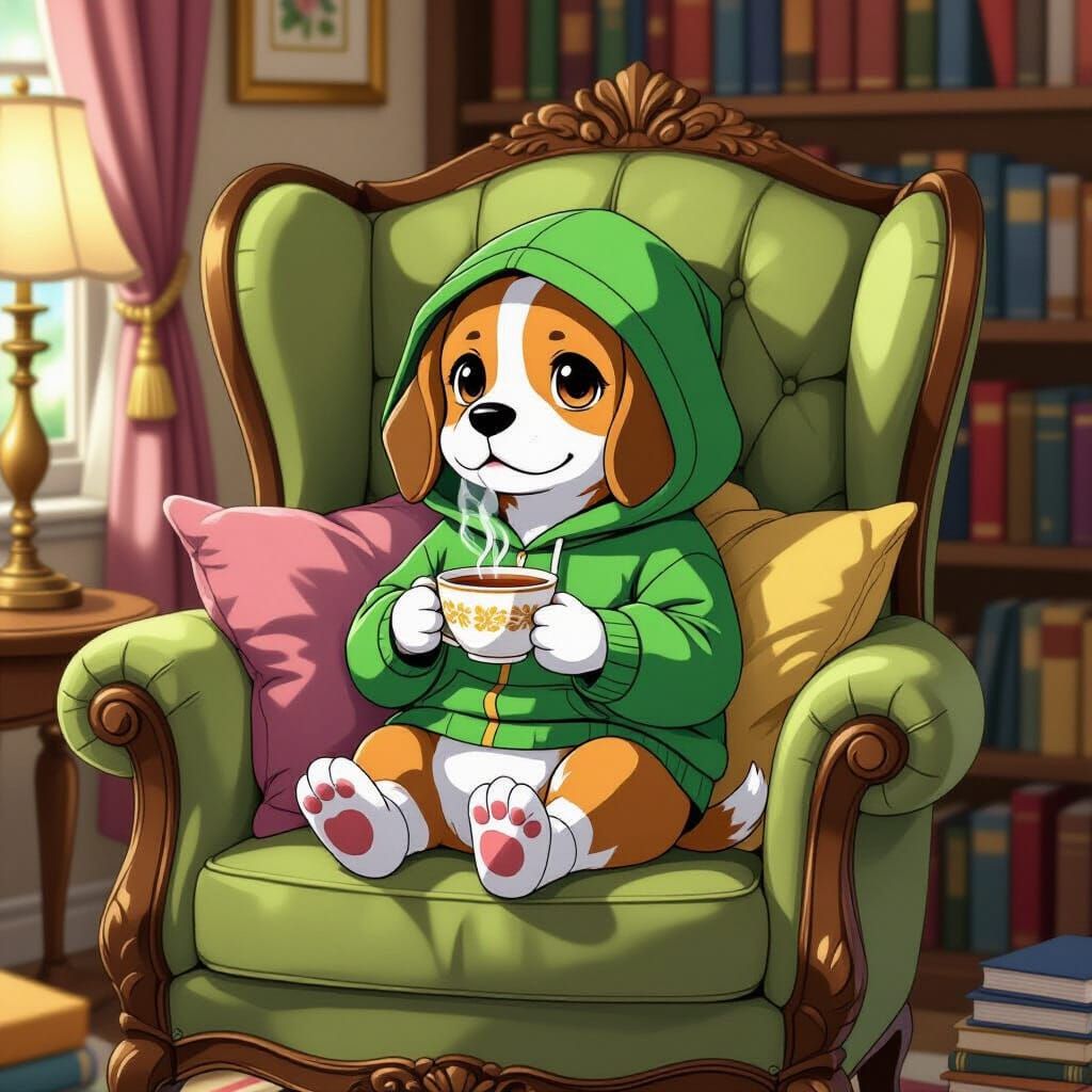 Beagle Sipping Tea in Anime Style Nook
