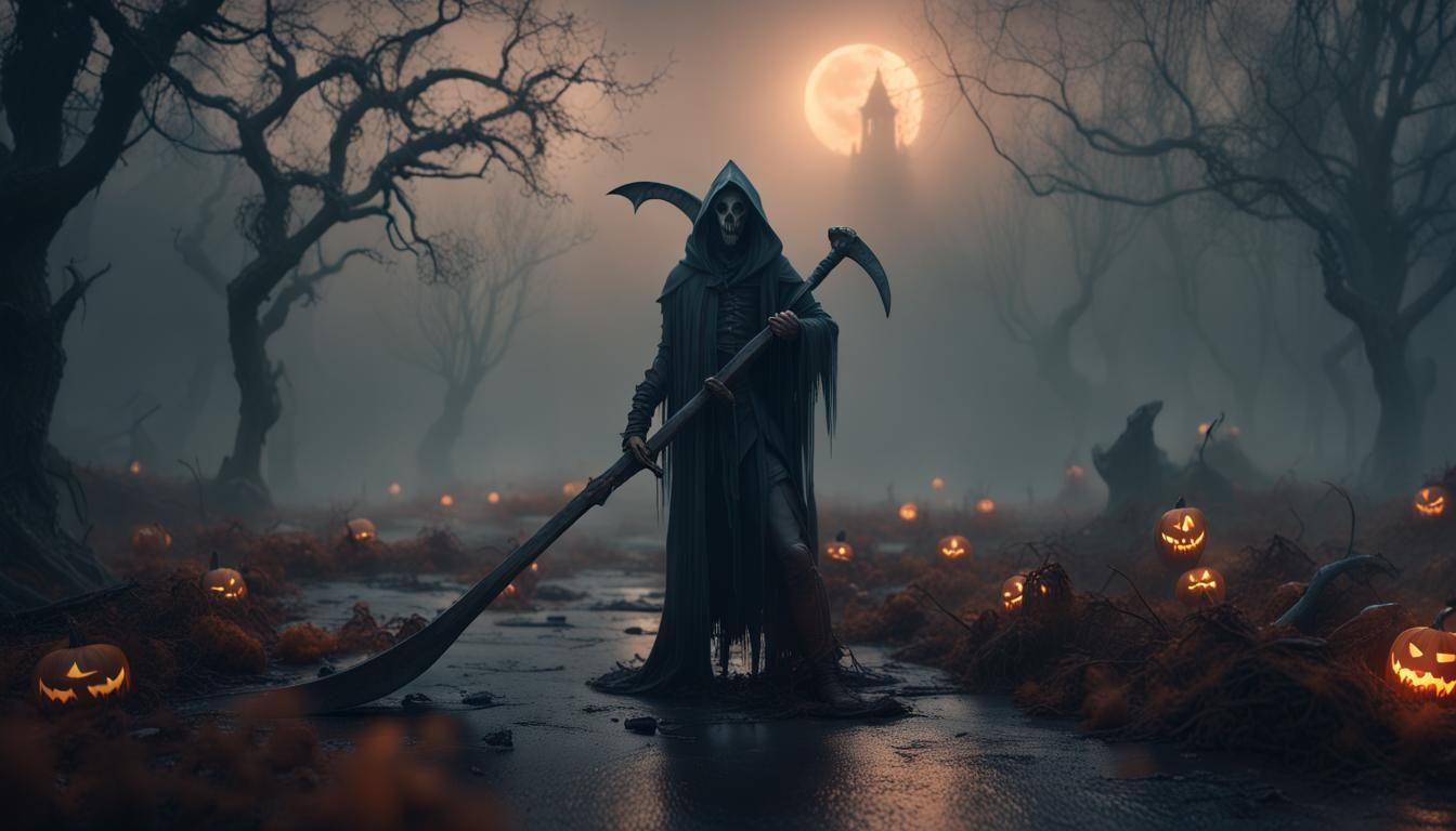 Scary Death Figure with Scythe in Dark Fog