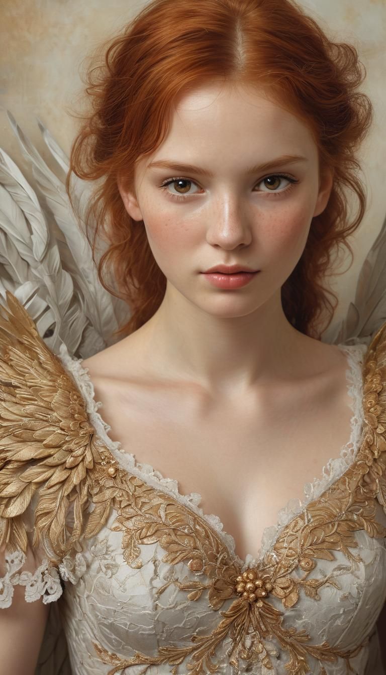 Red-Haired Angel with Black Wings, Oil Painting