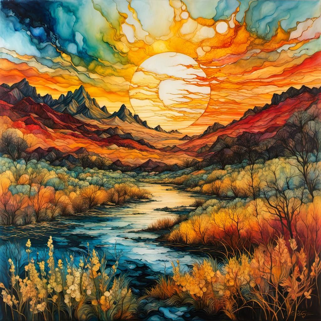 Encaustic Zoo Sunset Inspired by Van Gogh