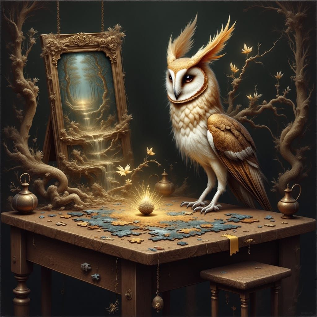 Wise Owl Assembles Forest Puzzle in Ethereal Light