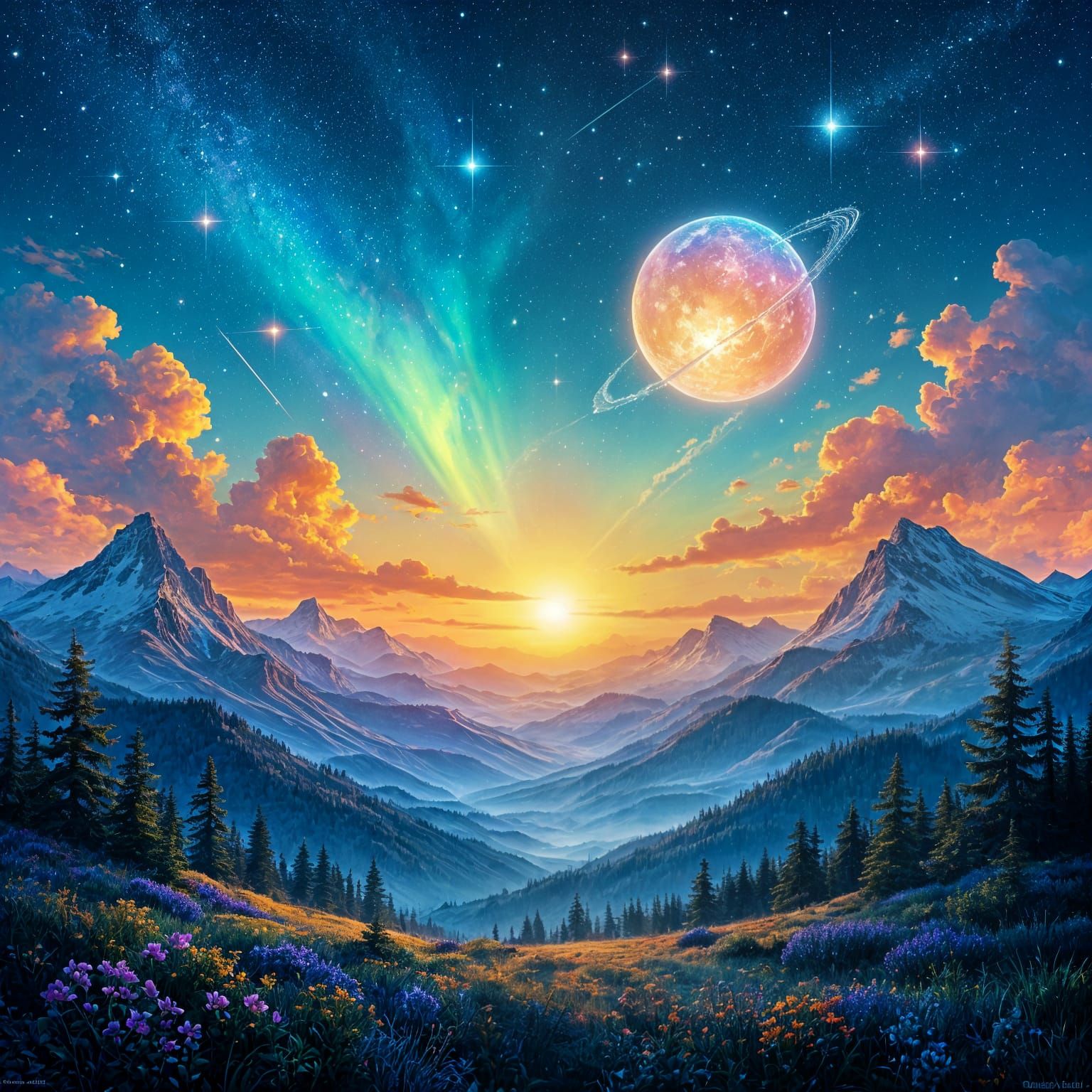 Solarpunk Landscape Art With Luminous Sun