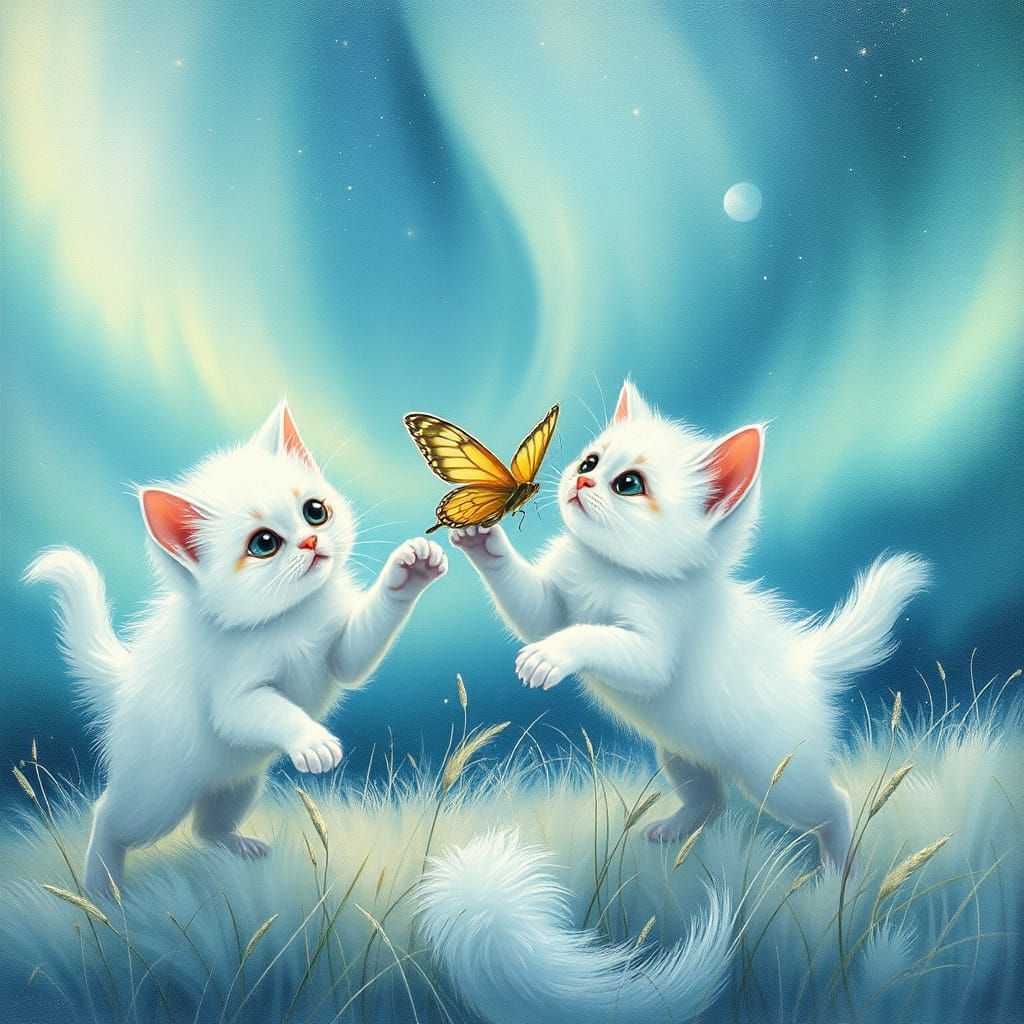 Whimsical White Kittens Chase a Delicate Butterfly in Dreamy...