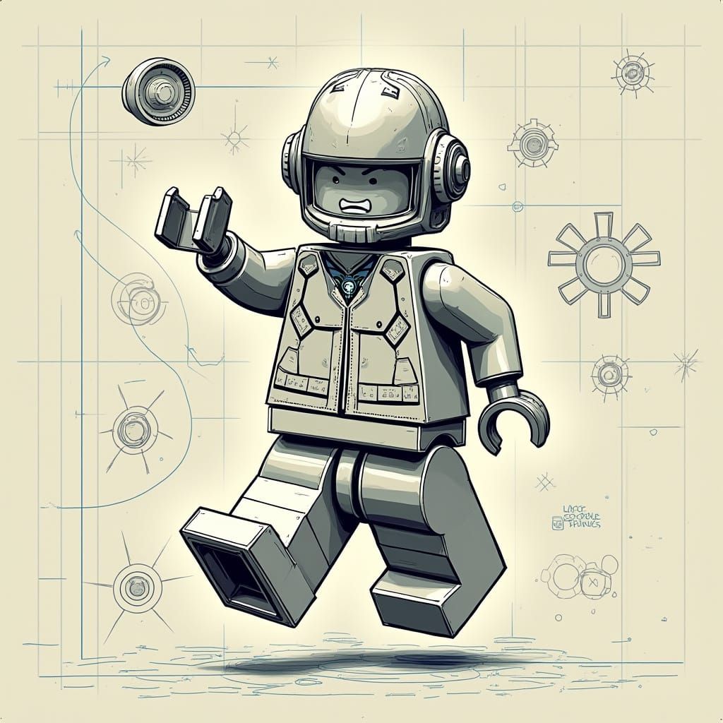 Detailed Lego Minifig Blueprint Illustration in Futuristic S...