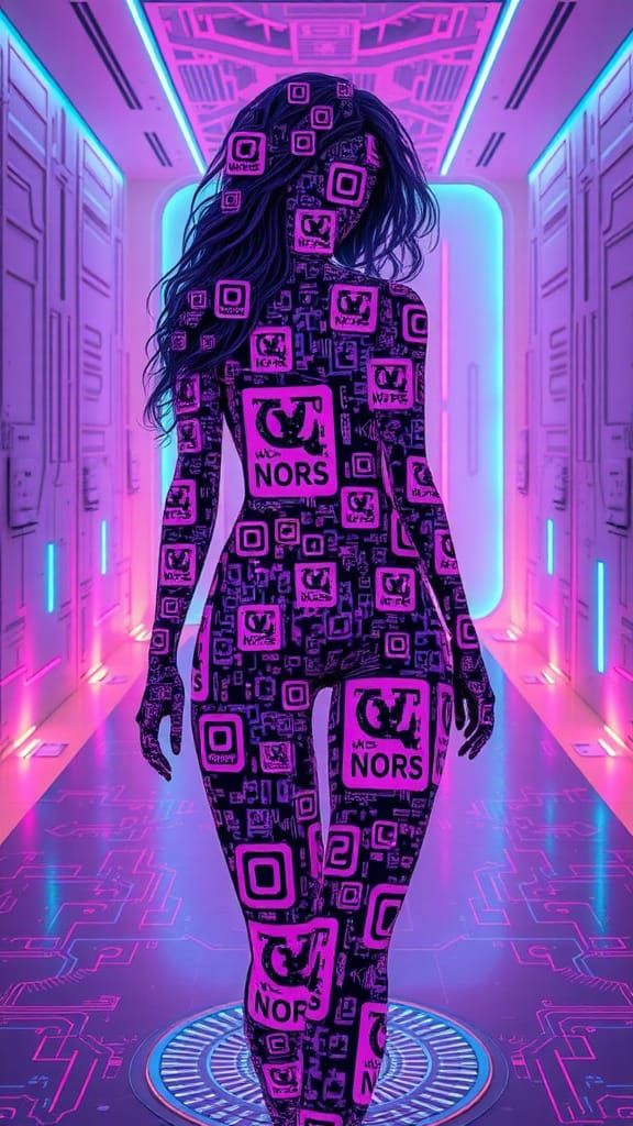 Futuristic QR Code Fashionista in Cyberpunk Style