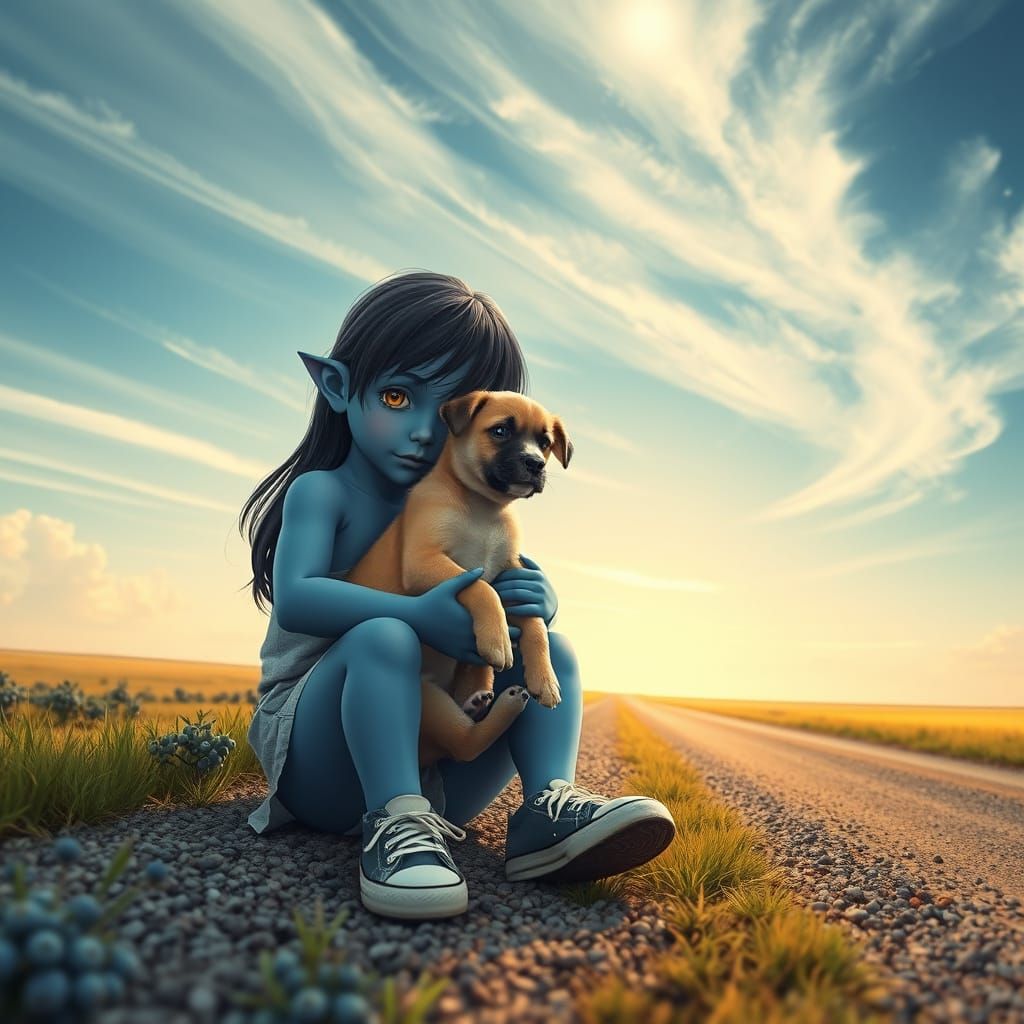 Blue Child with Puppy on Prairie Road