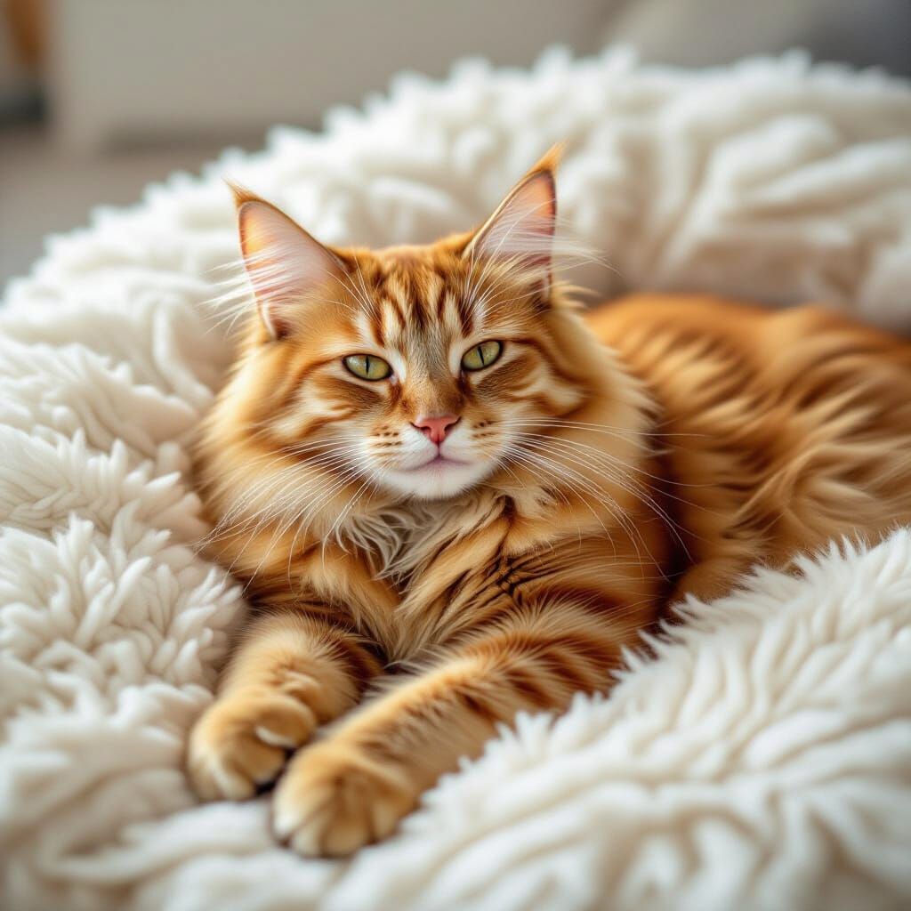 Orange Tabby Cat Rests on Soft White Pillow