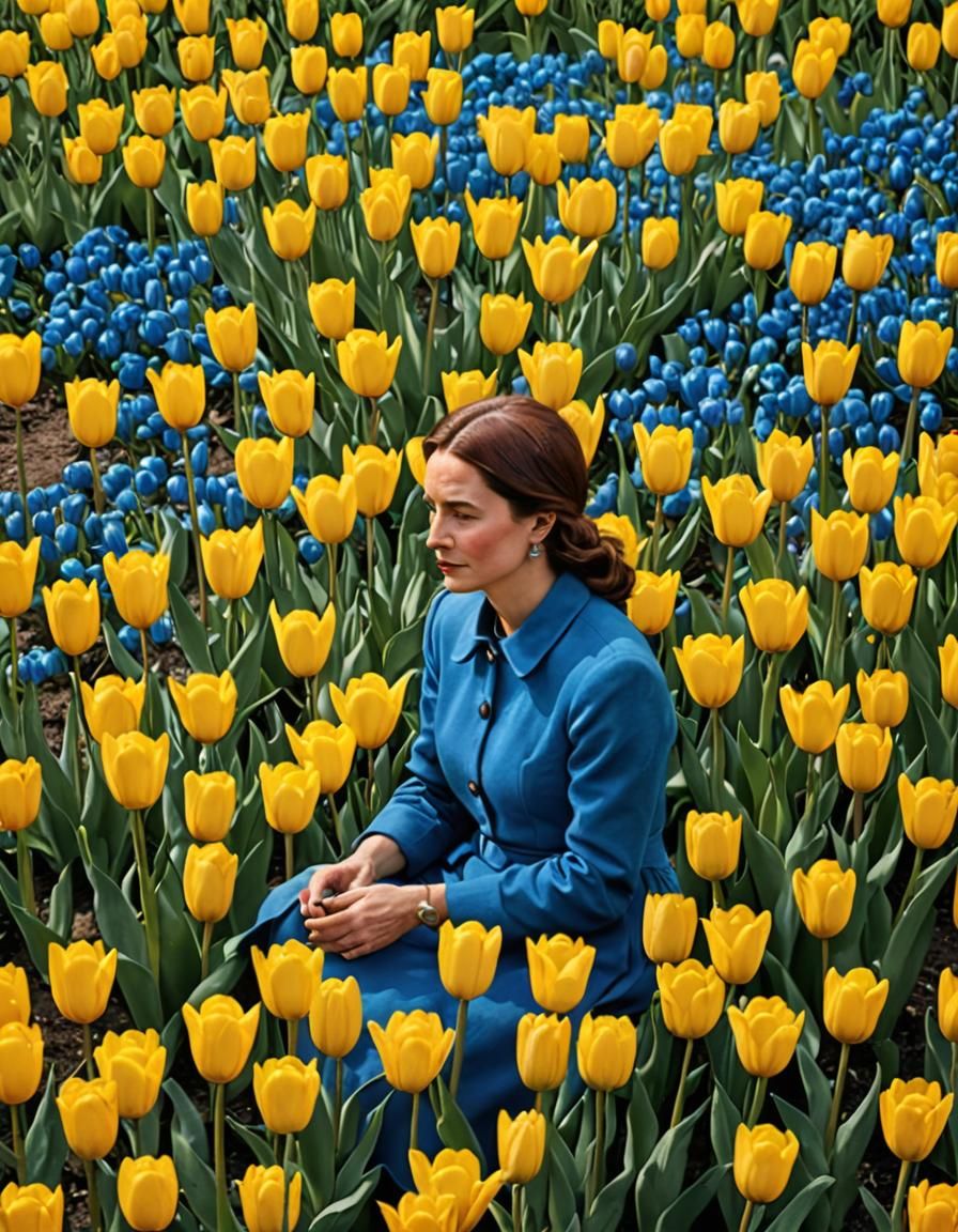 Lady in Blue Among Yellow Tulips Art