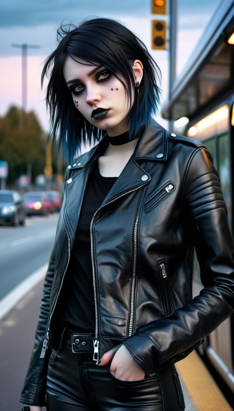 Emo Goth Girl at Bus Stop: Hyperrealistic Portrait