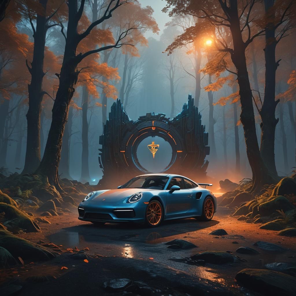 Porsche Beside Mystical Portal in a Dark Forest