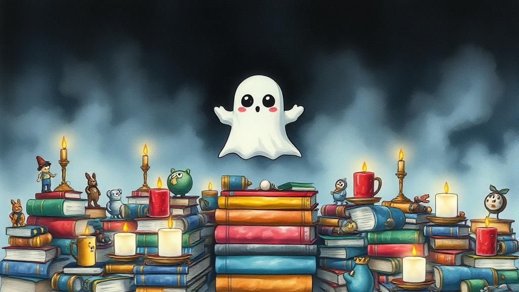 Cute Chibi Ghost Floating Over Books in Watercolor
