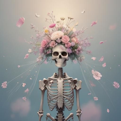Floral Skeleton in Surrealist Pastel Hues