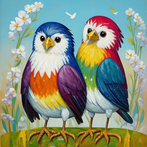Colorful Birds in Neo-Impressionist Expressionist Oil Painti...