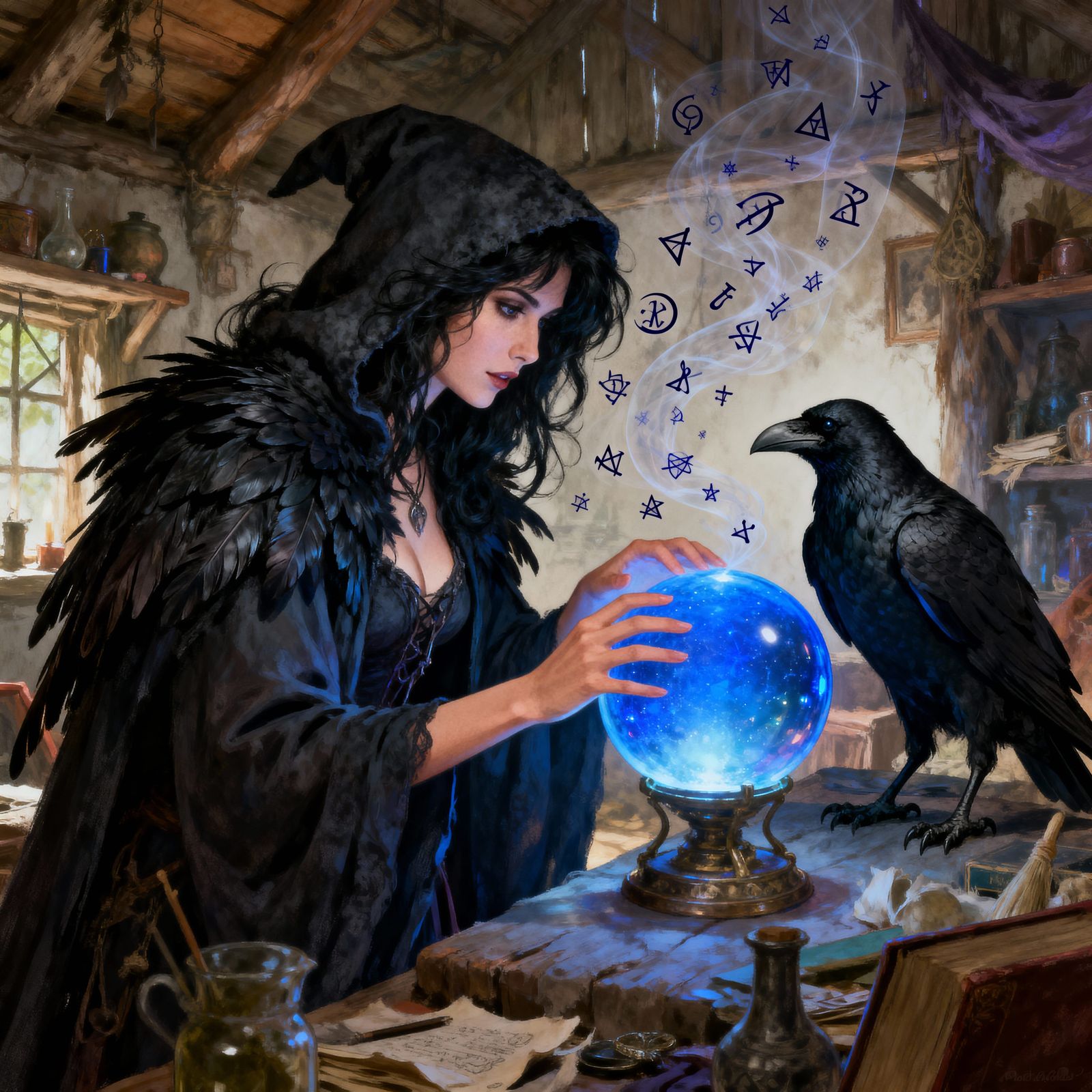 Fantasy Witch with Raven and Crystal Ball