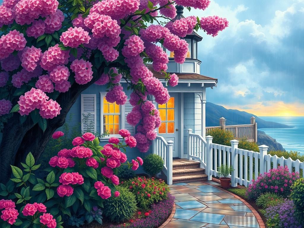 Serene Garden with Lighthouse in Thomas Kinkade Style