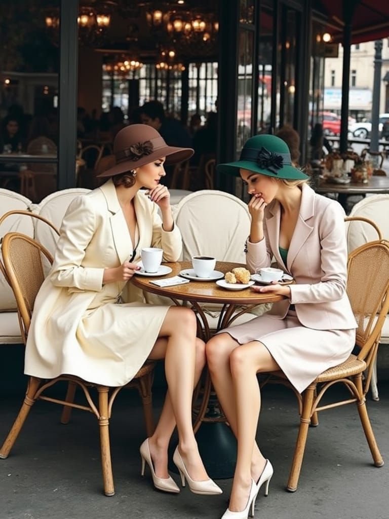 Two Elegantly Dressed Women at a Parisian Cafe in Impression...