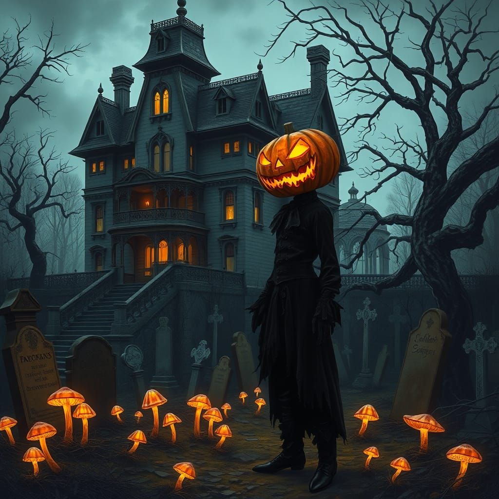 Gothic Mansion with Jack-o'-Lantern Figure