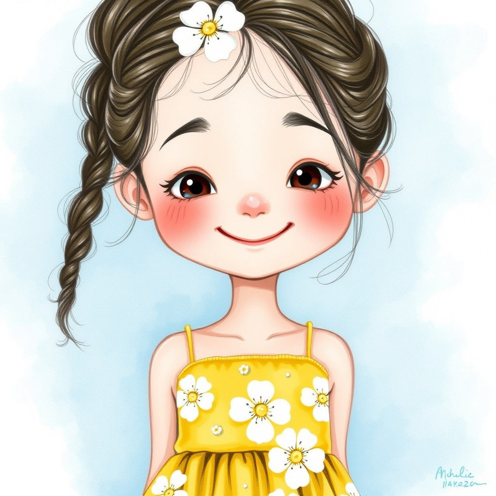 Girl in Sundress with Expressive Eyes, Dreamy Illustration