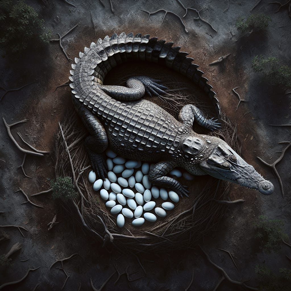 Aerial View of Crocodile Guarding Nest