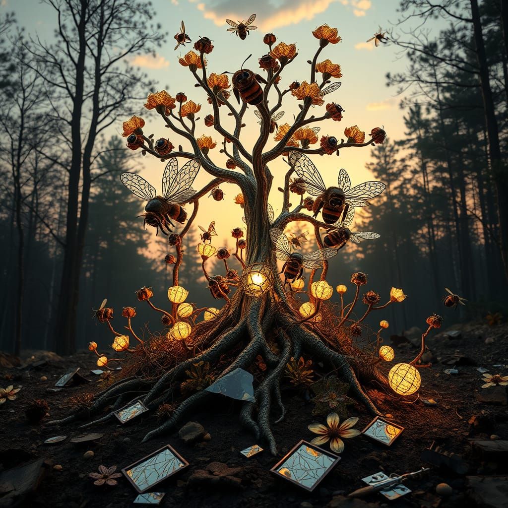 Surreal, Iridescent Bees Pollination Rise from Dark Forest F...