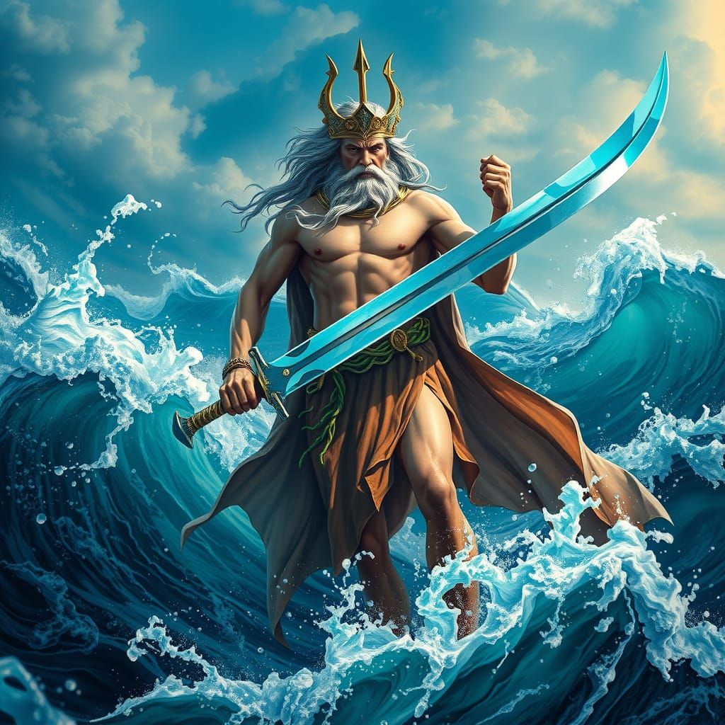 Majestic Poseidon in Turbulent Ocean Waves