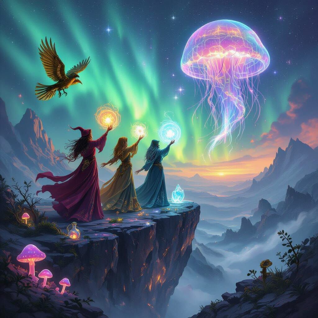 Elemental Witches Spellcasting on Crystalline Cliff Under Au...