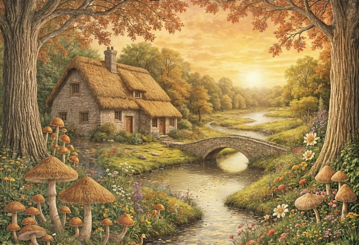 Autumn Woodland Garden with Swans, Watercolor Style