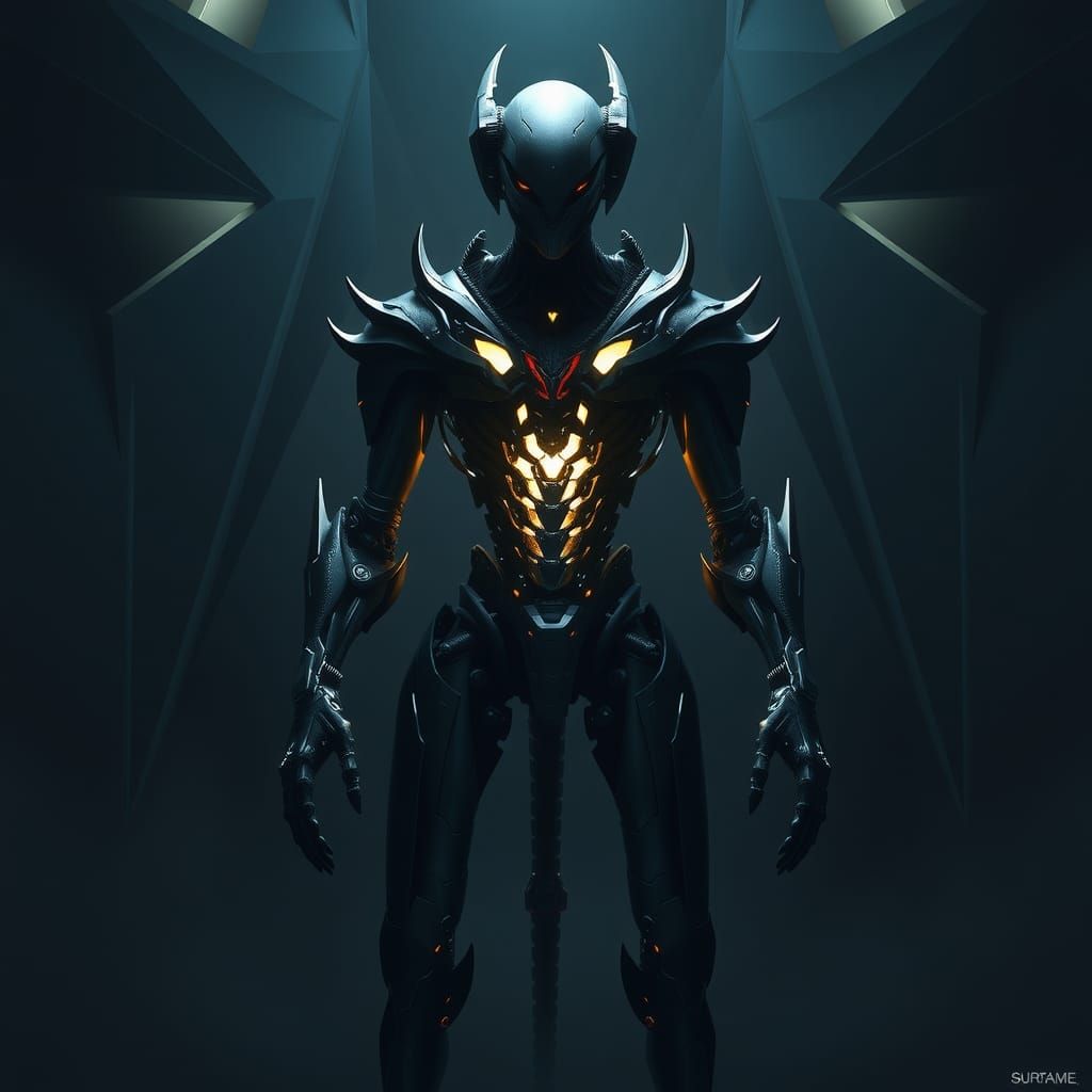 Biomechanical Alien Warframe in Ethereal Glow