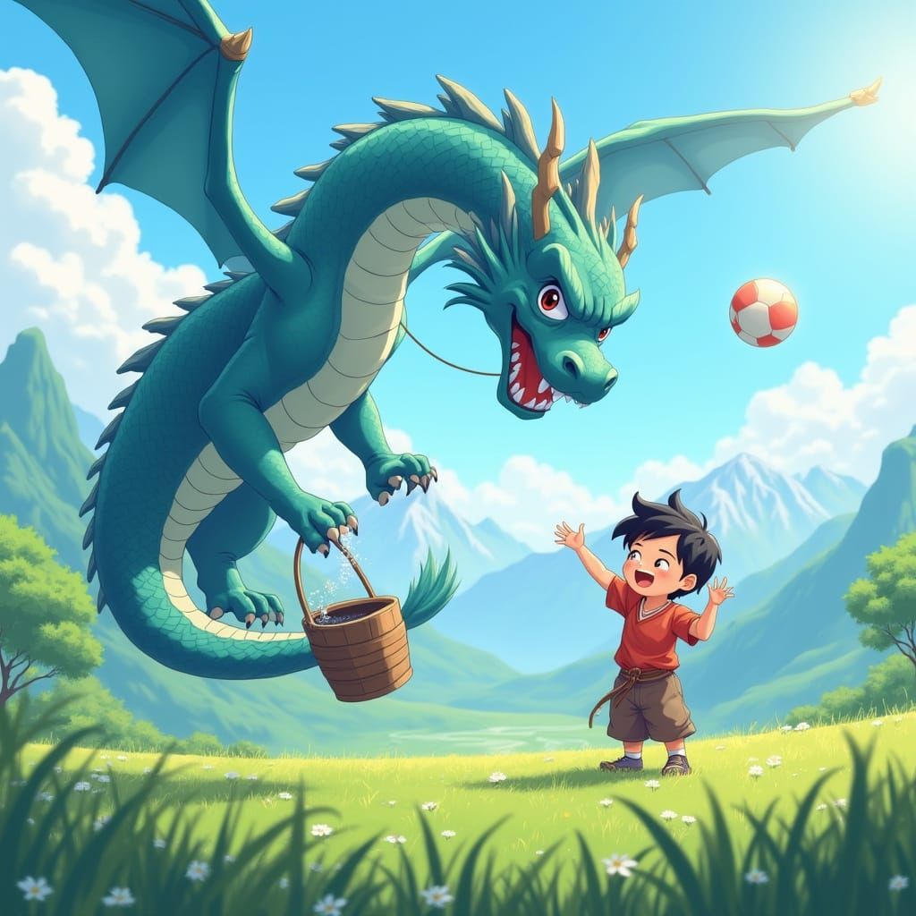 Cheerful Boy and Majestic Chinese Dragon Play in Sunny Meado...