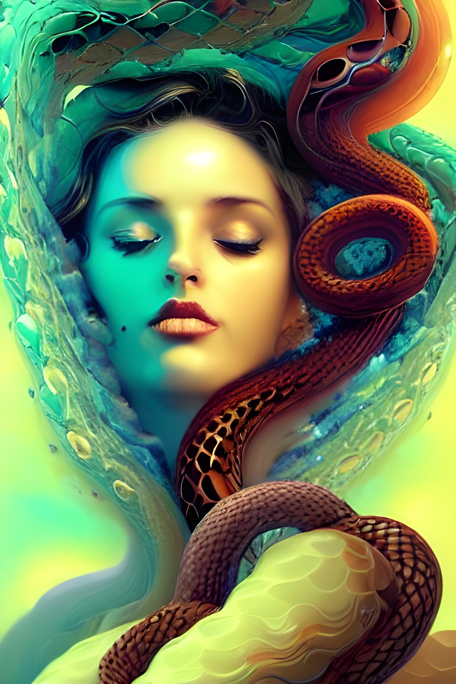 Woman with Snakes: Surreal Digital Illustration