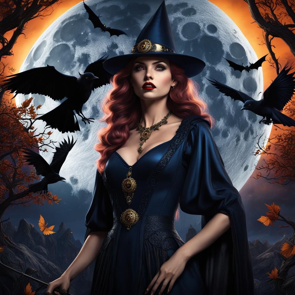 Fantasy Witch Under the Moon with Bats