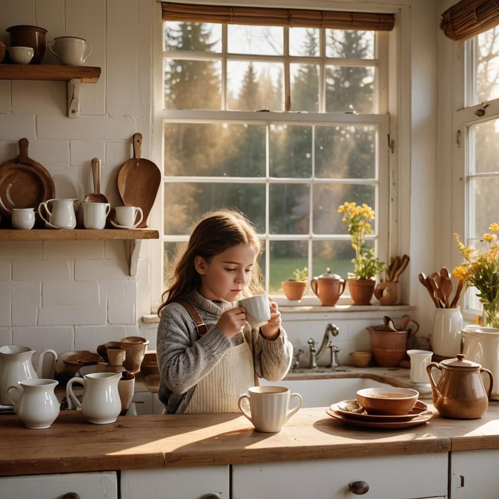 Girl Sipping Cocoa in Cozy White Country Kitchen