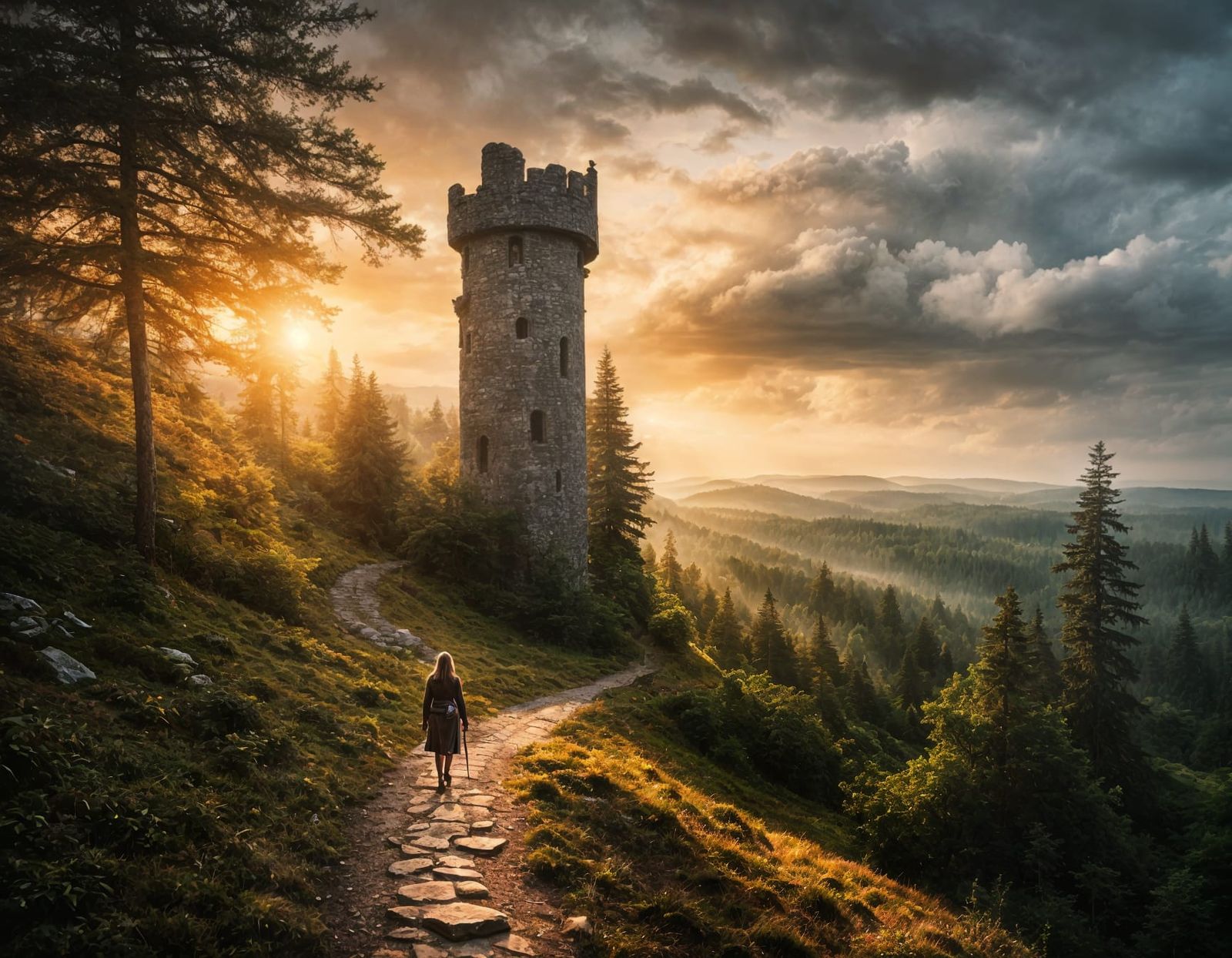 Stone Tower and Adventurer at Sunset