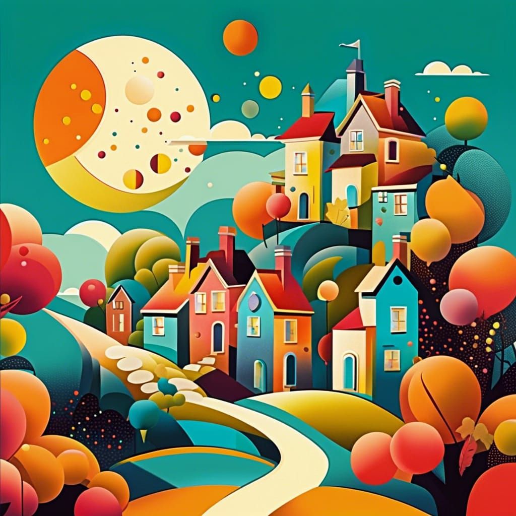 Cubist Disney Village with Owl Moon in Sky